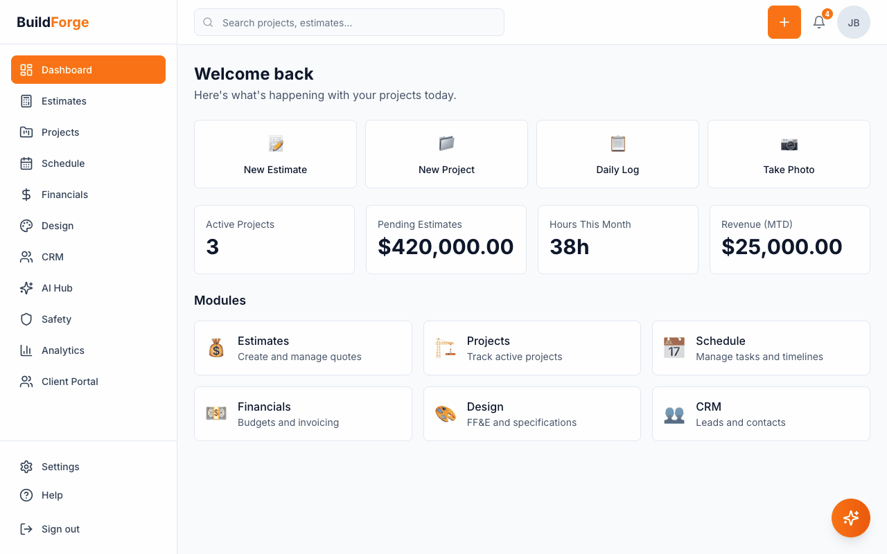 BuildForge dashboard — project overview, estimates, schedule, and AI agents